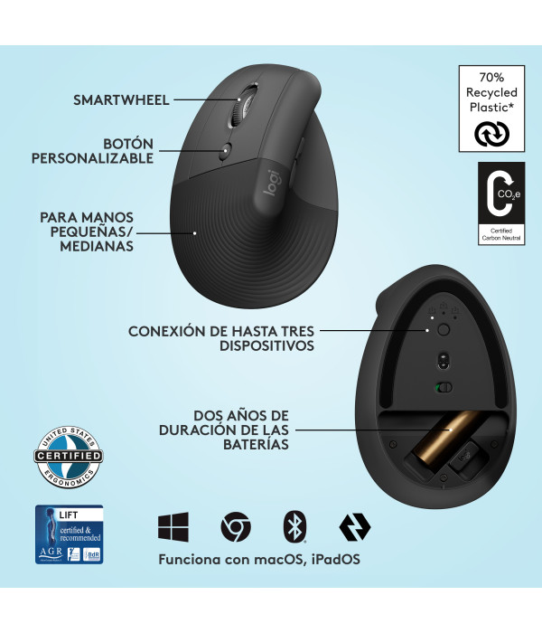 Mouse Ergonómico Logitech Lift Vertical Grafito