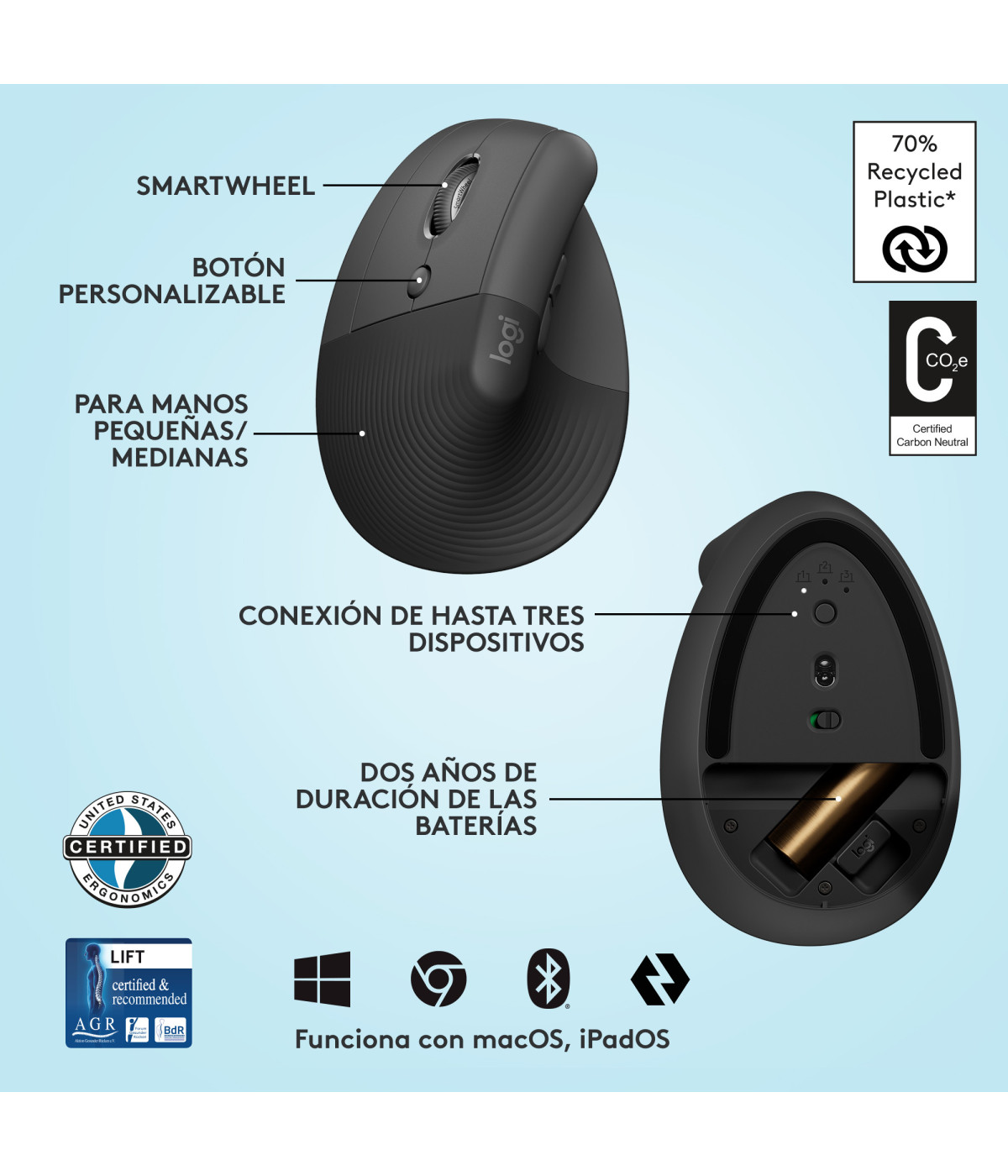 Mouse Ergonómico Logitech Lift Vertical Grafito