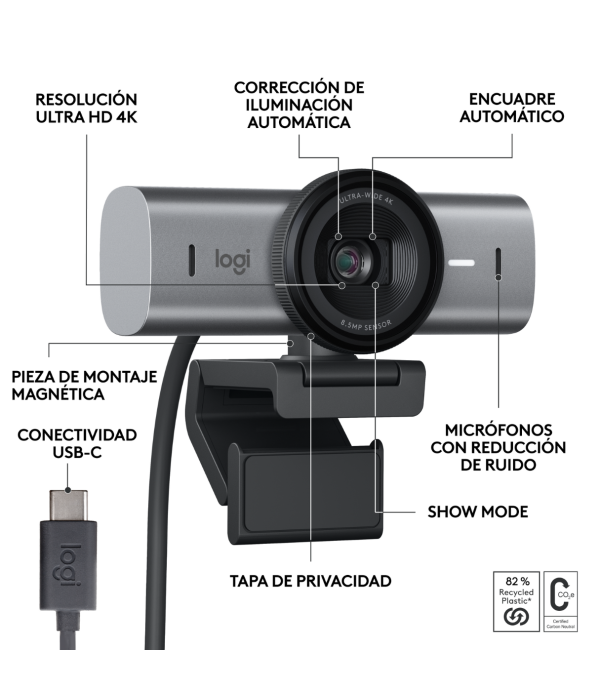 CAMARÁ WEB MX BRIO 705 4K 90° DE CAMPO VISUAL USB C