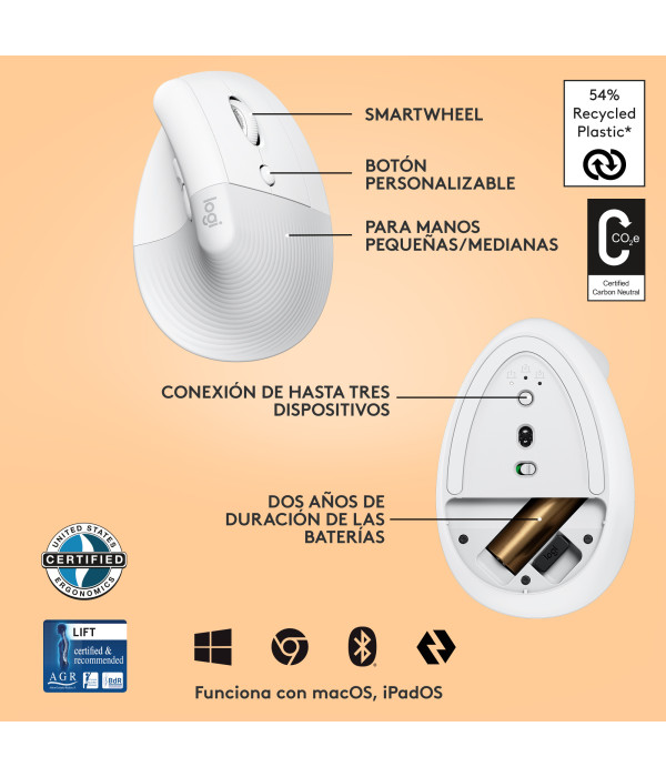Mouse Ergonómico Logitech Lift Vertical Blanco