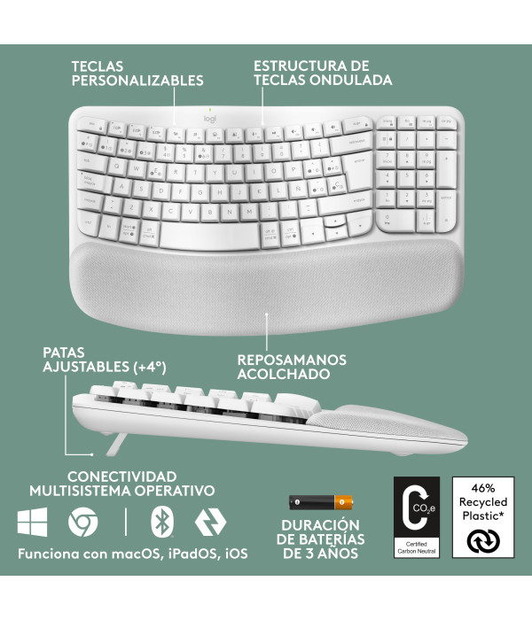 TECLADO LOGITECH WAVE ERGONÓMICO INALÁMBRICO BLANCO 920-012279