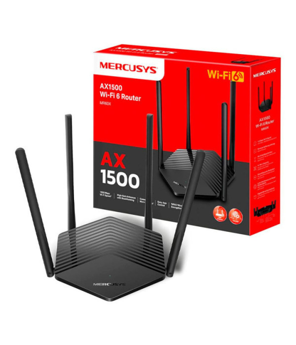 TPLINK | MR60X | Router MERCUSYS AX1500 Dual-Band Wi-Fi 6 Router SPEED: 300 Mbps at 2.4 GHz + 1201 Mbps at 5 GHz SPEC: 4× Fixed