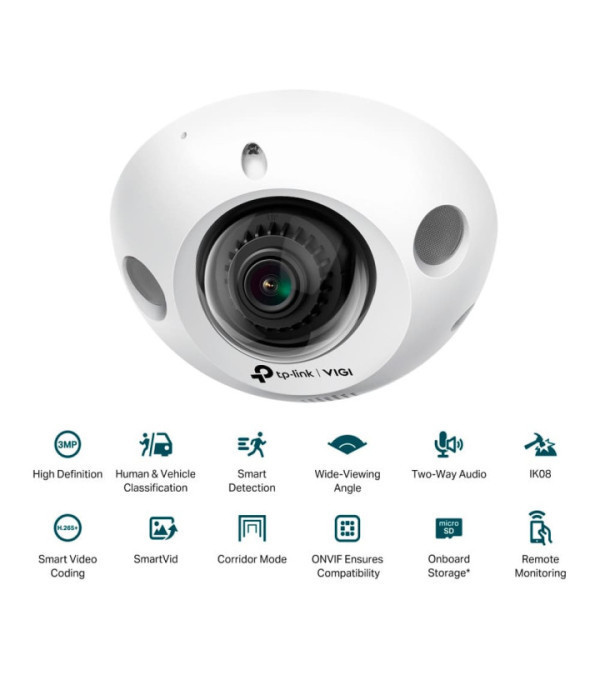 TPLINK | VIGI C230I Mini(2.8mm) | Cámara IP VIGI Mini Domo de 3MP. Lente Fijo 2.8 mm, Micrófono, Parlante y Ranura de MicroSD