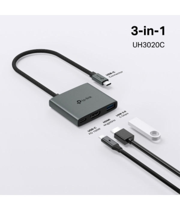TPLINK | UH3020C | USB Type-C 3-Port Hub SPEC: 1 × USB-C Connector,1 × HDMI 4K 60Hz Port,1 × USB-C PD 100W Port,1 × USB-A 3.0