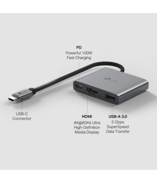 TPLINK | UH3020C | USB Type-C 3-Port Hub SPEC: 1 × USB-C Connector,1 × HDMI 4K 60Hz Port,1 × USB-C PD 100W Port,1 × USB-A 3.0