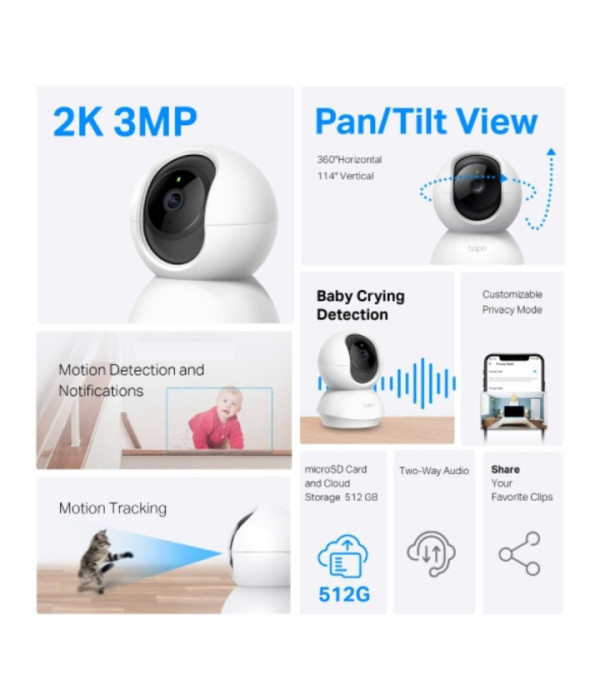 TPLINK | TC71 | Cámara TPLINK de Vigilancia Wi-Fi de 360 Grados con Vista 2K 3MP y Detección