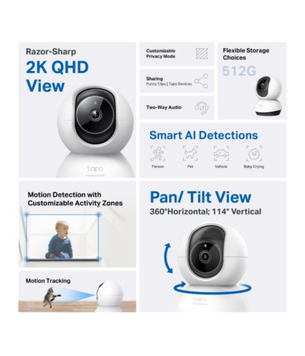 TPLINK | TC72 | Cámara TPLINK de Vigilancia Wi-Fi de 360 Grados con Vista 2K 4MP y Detección IA