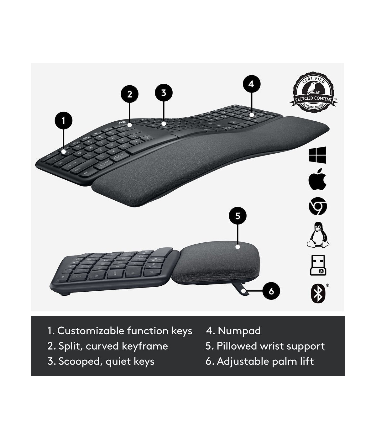 Teclado Ergonómico Logitech ERGO K860 Inglés Grafito